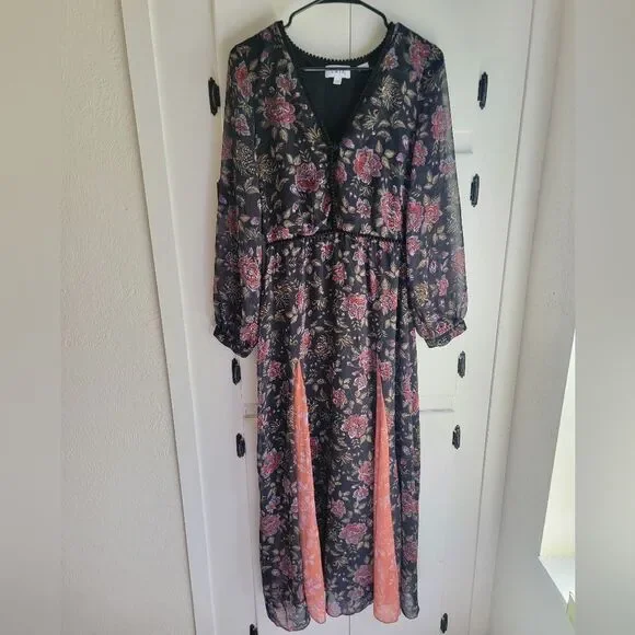 Anthropologie LAIA Ines Maxi Dress Black Floral Pleated Flare Sheath Small - Picture 1 of 9